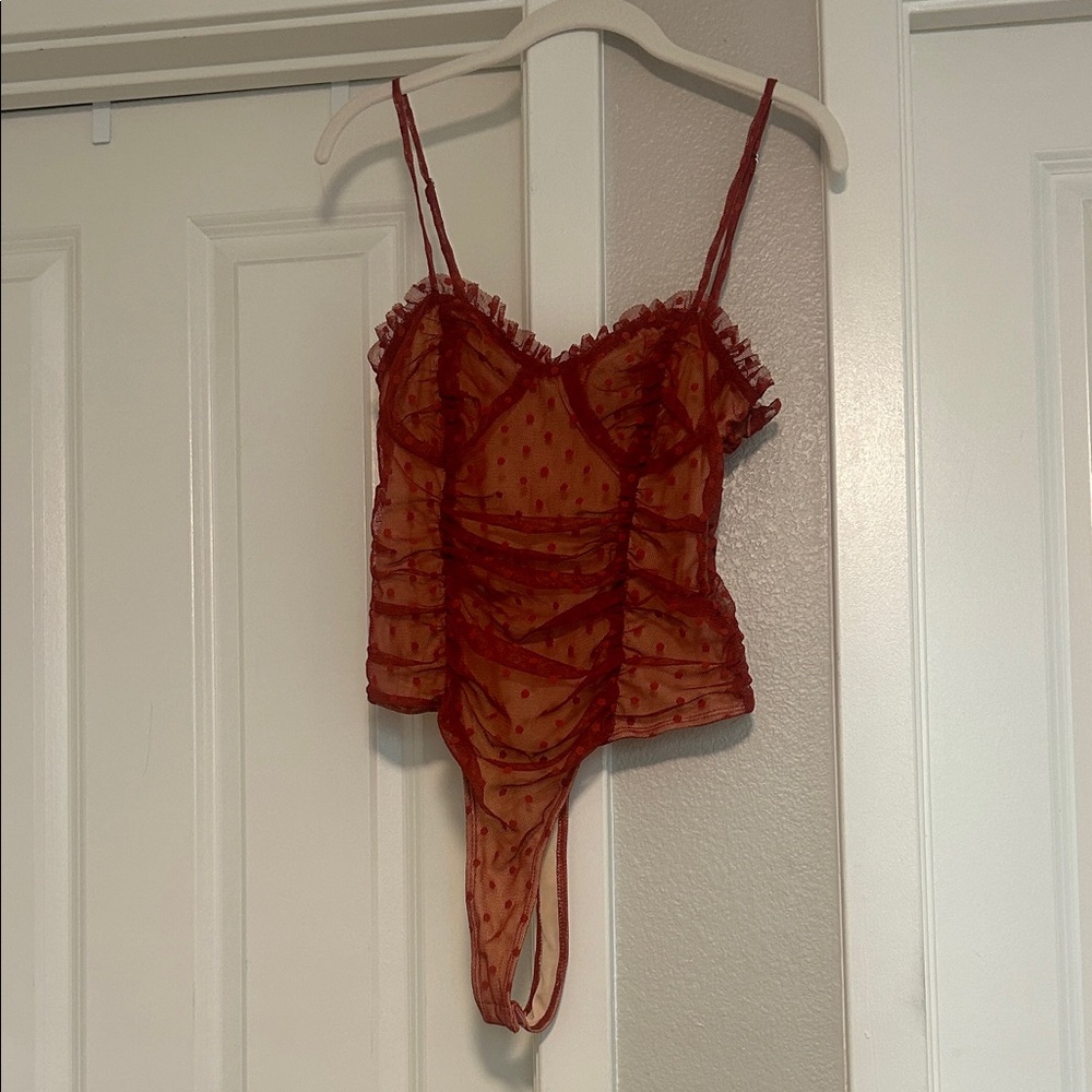 Forever 21 Orange Sheer Polka Dot Bodysuit